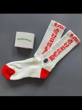Chrome Hearts White Crew Socks with Red Toe and Logo